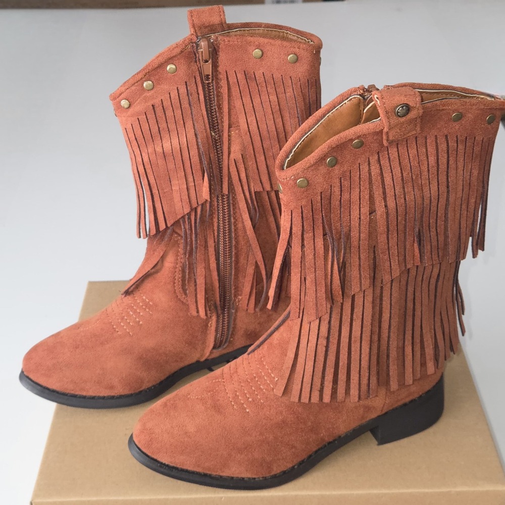 Lucky Brand Kids Cognac Brown Suede Fringe Cowgirl Western Boots Studded Zip 12